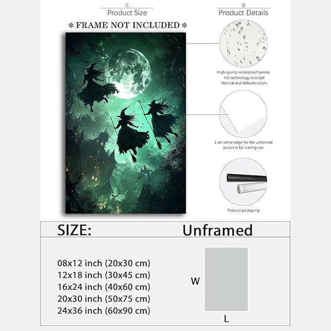 Flying Three Witches Halloween Canvas Wall Painting,Witches on Broom Under Full Moon Castle Victorian Decoration Haunted House Retro Poster for Living Room Bedroom Gallery,20"x30" Unframed