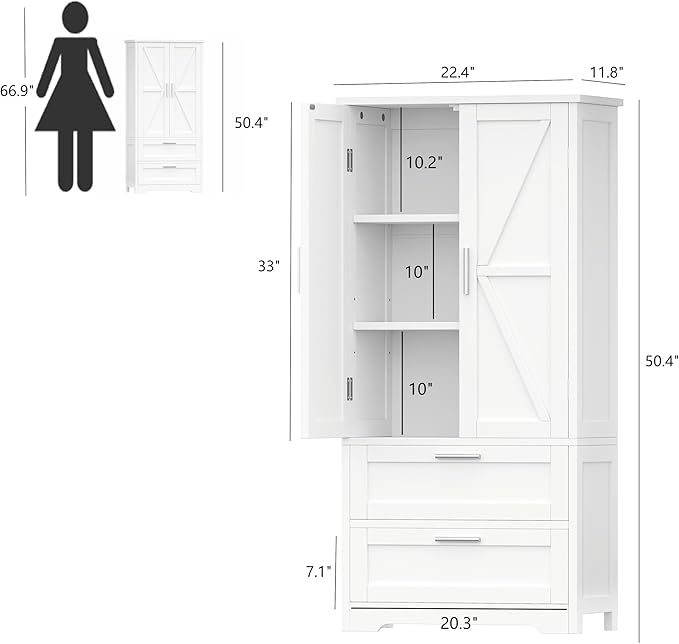 50.4" H Bathroom Storage Cabinet, Modern Floor Cabinet with Adjustable Shelf, Small Pantry with 2 Doors & Drawers, Storage Cabinet for Bathroom, Living Room, Kitchen, White KES007WCWG