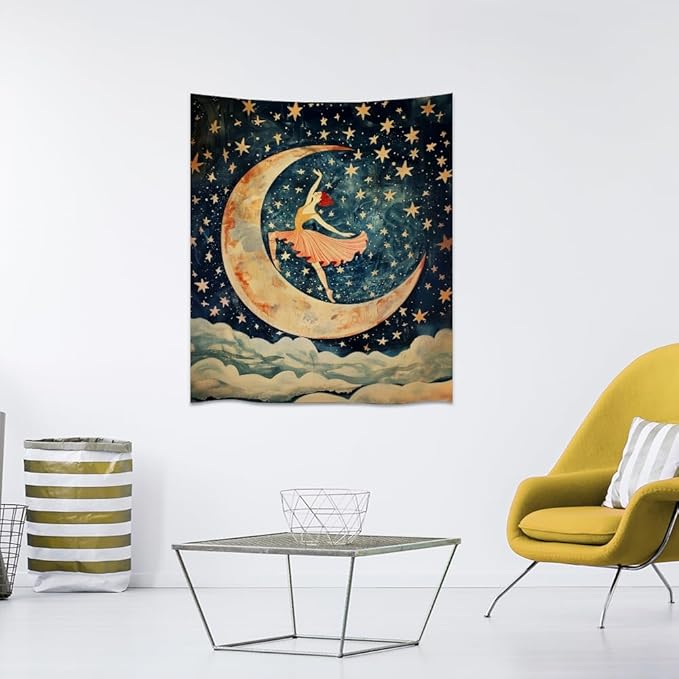 Dancer on the Moon Tapestry Starry Night Sky Art Print Dark Academia Gothic Aesthetic Wall Hanging Stars Moon Clouds Tapestries Whimsical Wall Decor for Nursery Bedroom 30x40inch