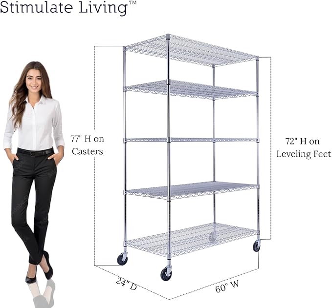 48"x24"x72" Prime Heavy Duty Chrome 5-Tier Steel Wire Shelving NSF 4000 LBS MAX Capacity Storage Rack for Commercial, School, Home, Garage, Warehouse, Industrial, and Hospital Uses (with Wheels)