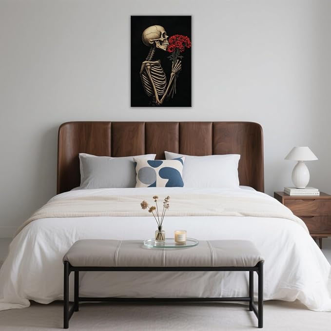 OAAPITI Red Rose Skull Wall Art Dark Themed Skeleton Painting Modern Artwork for Gothic Home Decor(Artwork-5,24"x36")