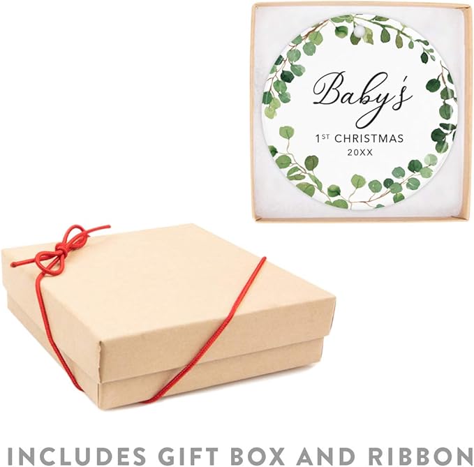 Andaz Press Custom Year Round Ceramic Porcelain Christmas Tree Ornament Keepsake Collectible Gift, Baby's 1st Christmas 2025, Farmhouse Eucalyptus Wreath, 1-PackBaby Shower New Mom Gift Ideas