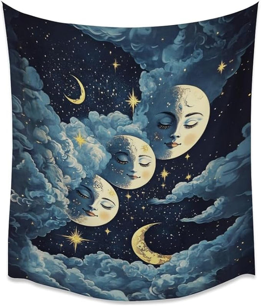 Blue Moon Faces Tapestry Celestial Wall Art Dark Academia Aesthetic Print Stars Clouds Tapestries Wall Hanging whimsical Gothic Home Decor for Bedroom Living Room 60x80inch