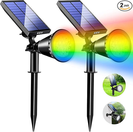 KEV Solar Spot Lights Outdoor,18 LEDs Color Changing RGB Solar Flood Lights with 8 Modes &IPX65 Waterproof,Halloween Solar Spotlight for Driveway/Backyard/Landscape/Tree(Multicolor,2 Pack)