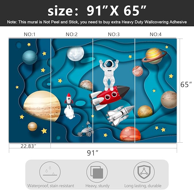 '-Kindergarten Children Galactic Planet Fabric Wallpaper Living Room Bedroom Boys Girls Children Cartoon Astronauts Large Mural- 91"x65"（ not Peel and Stick）