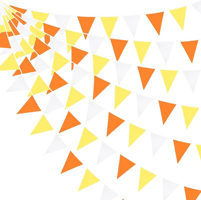32Ft Orange Yellow White Triangle Flag Fabric Banner Pennant Garland Bunting Streamer for Fall Decor Autumn Wedding Birthday Sunshine Groovy Party Thanksgiving Day Outdoor Garden Hanging Decorations