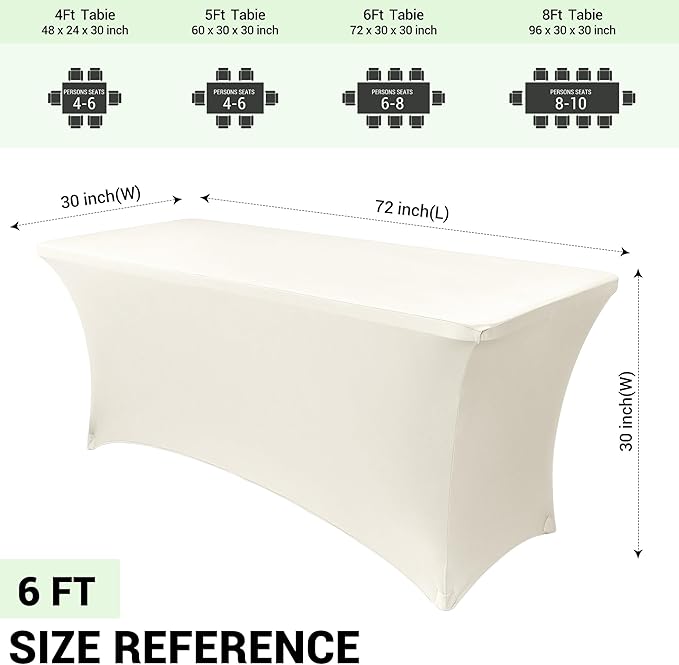 Obstal 6ft Stretch Spandex Table Cover - 4 Pack Universal Rectangular Fitted Tablecloth Protector for Wedding, Banquet and Party (Cream, 72L x 30W x 30H Inches)