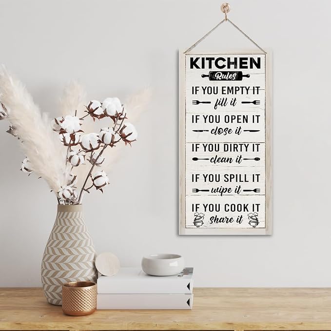 Hanging Kitchen Rules Wood Decor Sign, Rustic Kitchen Wooden Signs, Printed Wood Wall Art Sign, Kitchen Door Rules Rustic Sign, Hanging Wood Sign Kitchen Decor, Funny Farmhouse Kitchen Wall Décor B1