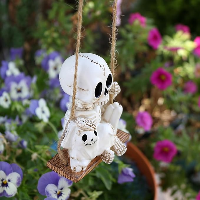 Halloween Resin Skeleton Swing Ornament - Animated Skeleton with Black Cat Figure, Hanging Decor for Tree Wall Garden - Spooky Fun Festival Decor Prop