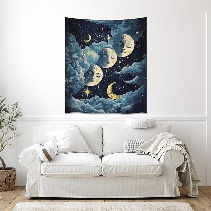 Blue Moon Faces Tapestry Celestial Wall Art Dark Academia Aesthetic Print Stars Clouds Tapestries Wall Hanging whimsical Gothic Home Decor for Bedroom Living Room 60x80inch