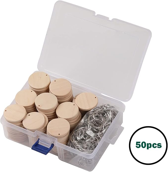 50Pcs Round Wood Circles with Keychain,Blank Round-Shaped Wooden Keychain Set with 50Pcs Wood Blanks,50 Pcs Keychain Rings with Chain,50Pcs Open Jump Rings for DIY Crafts Decorations Ornaments