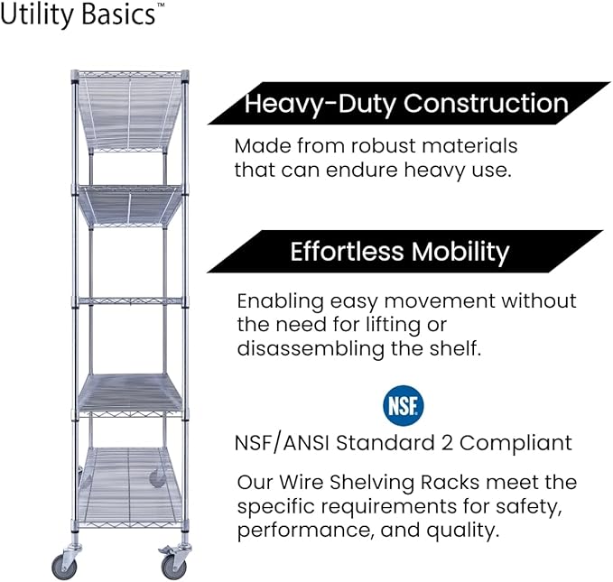 60"x18"x72" Chrome 5-Tier PREMIUM Wire Shelving NSF 4000 LBS MAX CAPACITY Heavy Duty Steel Storage Rack for Warehouses, Garages, Hospitals, Commercial Spaces, & Schools w/PREMIUM WHEELS