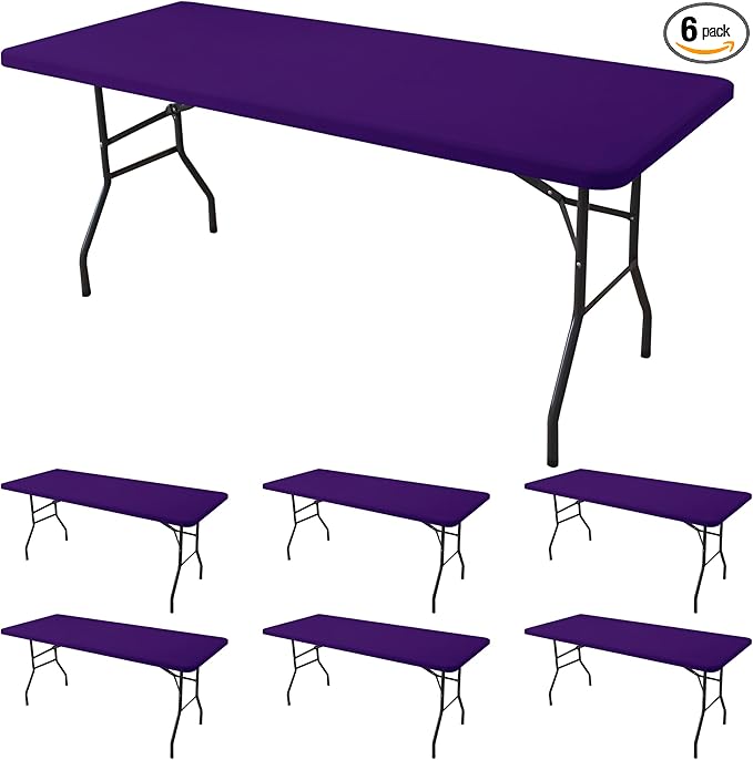 Spandex Table Cover for 6 Foot Rectangle Tables-6 Pack Dark Purple Outdoor Picnic Elastic Table Cover-Spandex Stretch Folding Table Cloths for Camping Dining Room Patio Kitchen Banquet Party