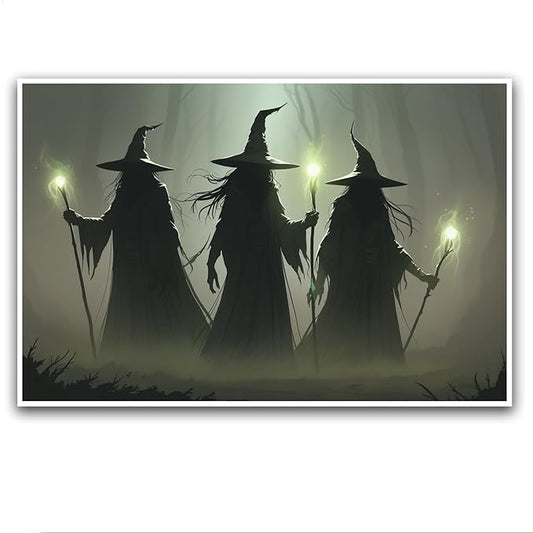 JFHCQJPK Vintage 3 witches canvas wall decor melancholy dark Halloween poster wall decor holding a staff print Gothic horror Halloween painting print for living room bedroom28x40in Frameless