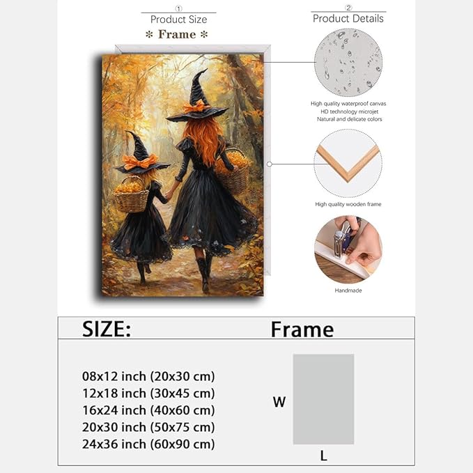 Mother Witch And Child Daughter Witch Wall Art,Halloween Autumn Woodland Forest Path Picture,Family Room Nursery Playroom Kids Room Decor,16"x24" Framed
