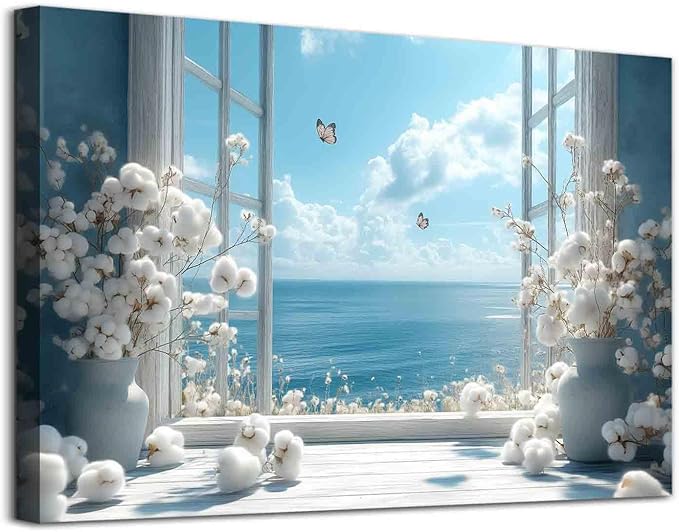 Open Window Canvas Wall Art Cotton Bouquet Wall Art White Flower Painting Blue Sea Picture Coastal Flower Painting Still Life Pictures Relaxing Living Room Decor 16x24inch No Frame