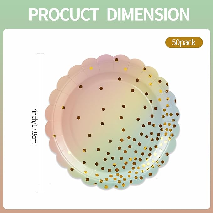 50PCS Pastel Rainbow Paper Plates, 7 Inch Scalloped Colorful and Gold Dot Party Plates Disposable Dessert Plate Cake Plate Pastel Party Supplies Decorations for Birthday Aniversary