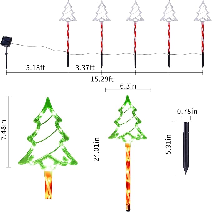 Christmas Solar Pathway Lights Outdoor Decorations, 8 Modes Xmas Tree Candy Lights Waterproof Led Garden Stake Light for Walkway Yard Lawn Porch Holiday Decor 5-Pack (Red Tube Tree, 5 Pack)