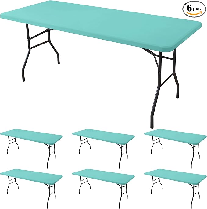 Spandex Table Cover for 6 Foot Rectangle Tables-6 Pack Aqua Blue Outdoor Picnic Elastic Table Cover-Spandex Stretch Folding Table Cloths for Camping Dining Room Patio Kitchen Banquet Party