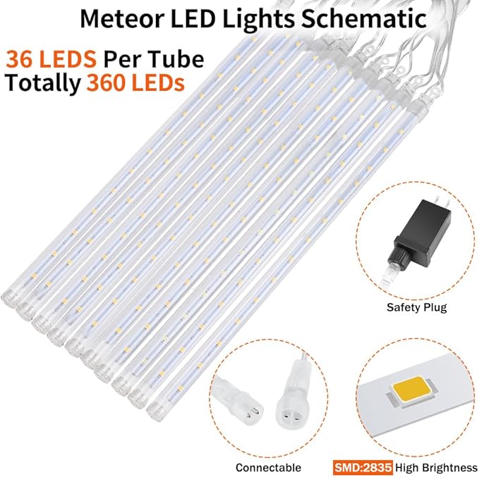 4 Pack Christmas Meteor Shower Rain Lights, 20-Inch 40 Tube 1440 LEDs Icicle Outdoor Raindrop Lights for Xmas, Halloween, Wedding, Party, Tree, Holiday Decoration, Green