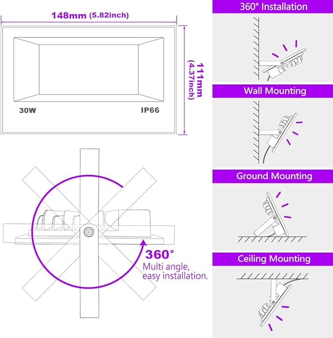 MELPO Black Light 30W LED Blacklight Flood Light Outdoor for Glow Party, Halloween Decoration, Body Paint, Fluorescent Poster, Neon Glow, IP66,US-Plug-Switch-6.7Ft Cord (4 Pack)