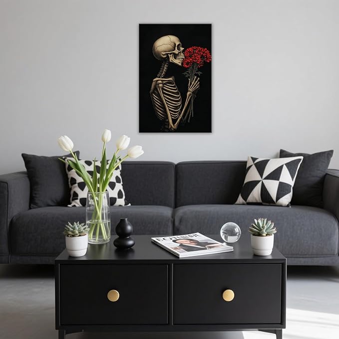 OAAPITI Red Rose Skull Wall Art Dark Themed Skeleton Painting Modern Artwork for Gothic Home Decor(Artwork-5,16"x24")