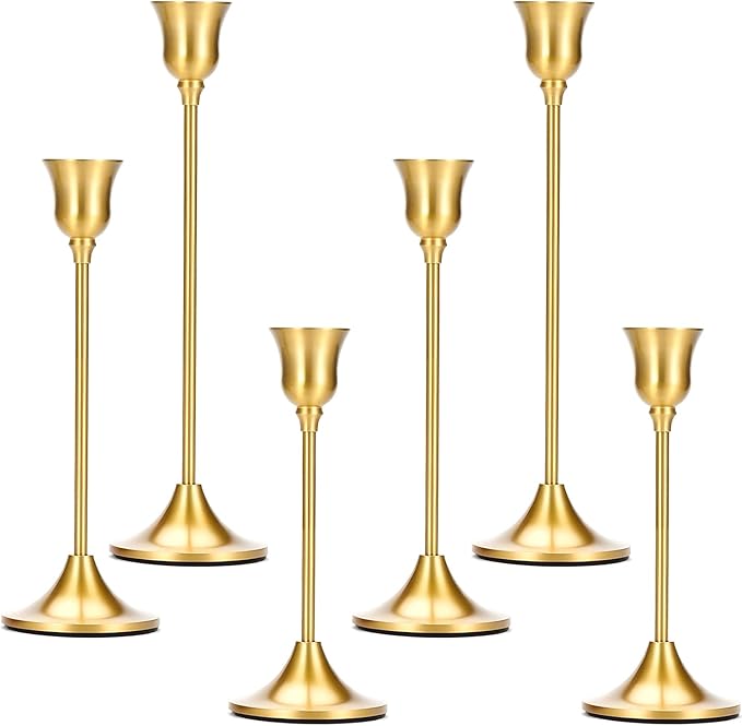 2 Sets(6 Pcs) Candle Stick Holders， Brass Gold Metal Taper Candle Holders, Vintage Modern Decorative Centerpiece Candlestick Holders for Table Mantel Wedding Housewarming Gift