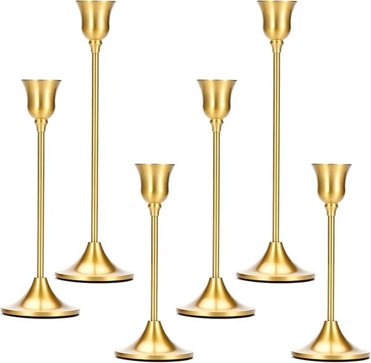 2 Sets(6 Pcs) Candle Stick Holders， Brass Gold Metal Taper Candle Holders, Vintage Modern Decorative Centerpiece Candlestick Holders for Table Mantel Wedding Housewarming Gift