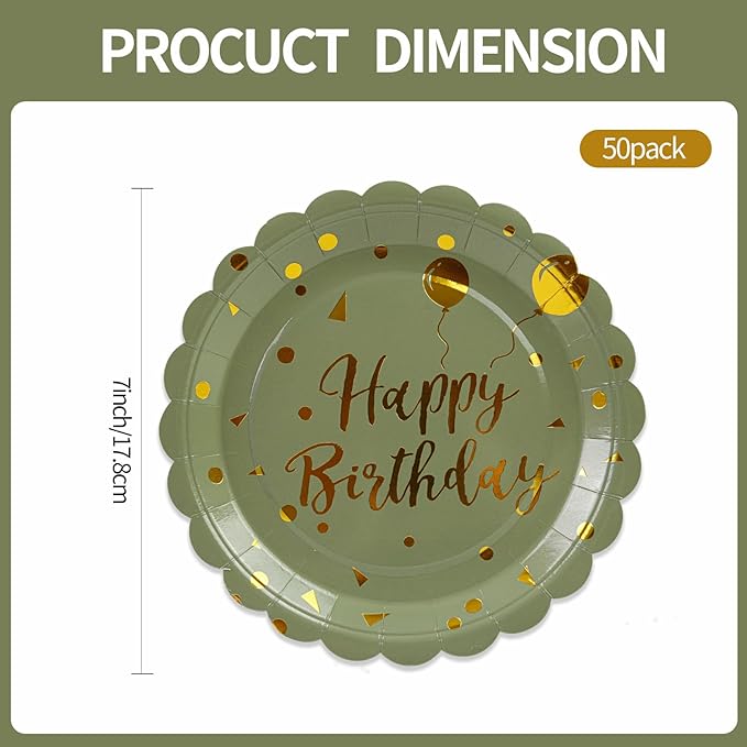 50PCS Sage Green and Gold Happy Birthday Paper Plates, 7 Inch Scalloped Disposable Birthday Dessert Cake Plates Metallic Foil Polka Dots Party Supplies for Birthday's Decorations