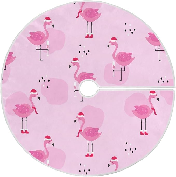 Christmas Flamingo Champagne Tree Skirt, Seasonal Tree Mat Holiday Party Supplies Ornaments Indoor Outdoor Decorations for Tabletop Trees 47.2 Inches