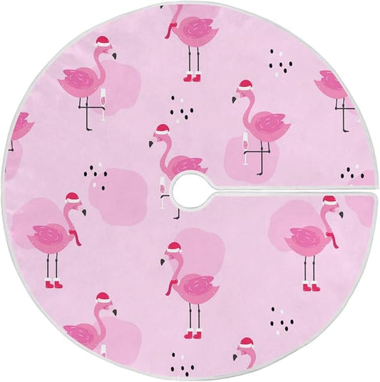 Christmas Flamingo Champagne Tree Skirt, Seasonal Tree Mat Holiday Party Supplies Ornaments Indoor Outdoor Decorations for Tabletop Trees 35.4 Inches