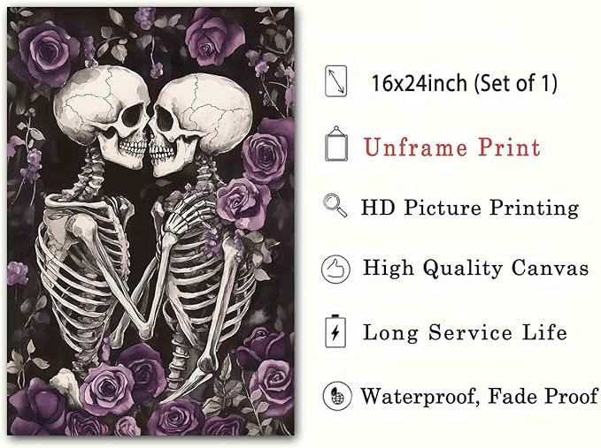 Gothic Skull Wall Art Skeleton Lover Poster Gothic Skull Wall Art Vintage Skeleton Print Horrible Posters Kissing Poster Dark Moody Paintings Dark Academia Canvas Living Room Decor 16x24inch No Frame