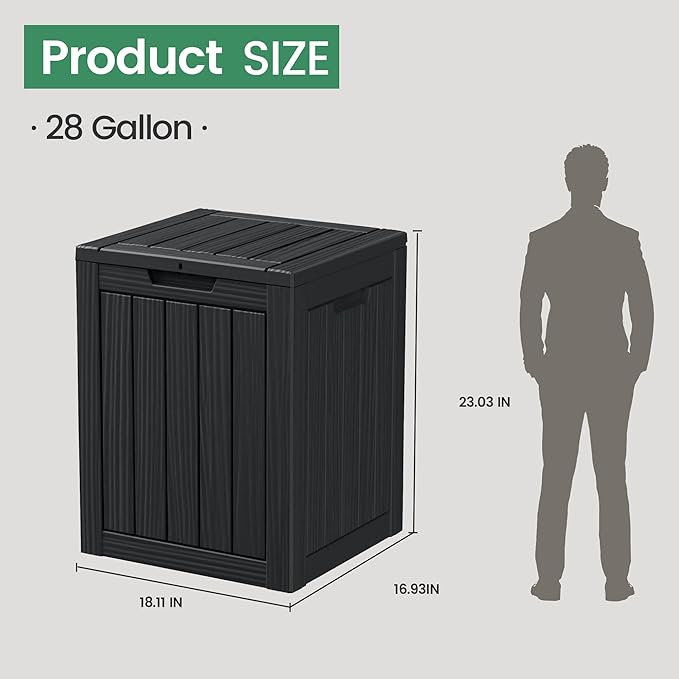 28 Gallon Outdoor Storage Box, Waterproof Durable Resin Deck Box for Indoor & Outdoor Use, Lockable Outdoor Bench, Deck Bin for Patio Furniture, Deliveries, Pool Supplies, Black
