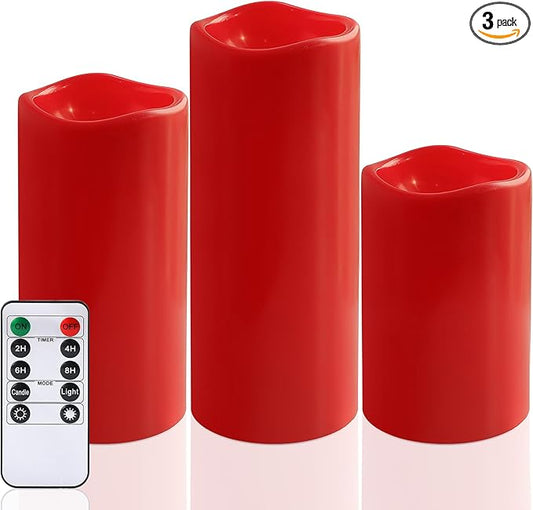 NURADA Large Waterproof Flameless Candles 6" 8" 10" x 4" - Outdoor Indoor LED Pillar Flickering Candle Battery Operated with Timer Remote for Patio Porch Christmas Decor - Red Set of 3