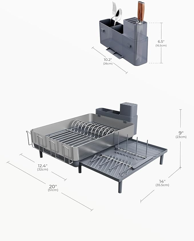 SUNLY Large Dish Drying Rack, Expandable Dish Racks for Kitchen Counter, Space Saving 304 Stainless Steel Drying Rack Kitchen, Extra Large Drainer with Multifunctional Flip Up Pegs, Gray
