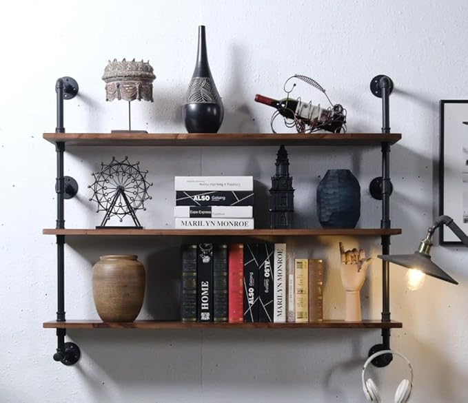 Industrial Pipe Wall Shelves with Real Wood Plank ,36 Inches Floating Shelves for Wall Farmhouse Book Shelves Dark Brown 3 Tier for Kitchen,Living Room Decor and Bar Shelving