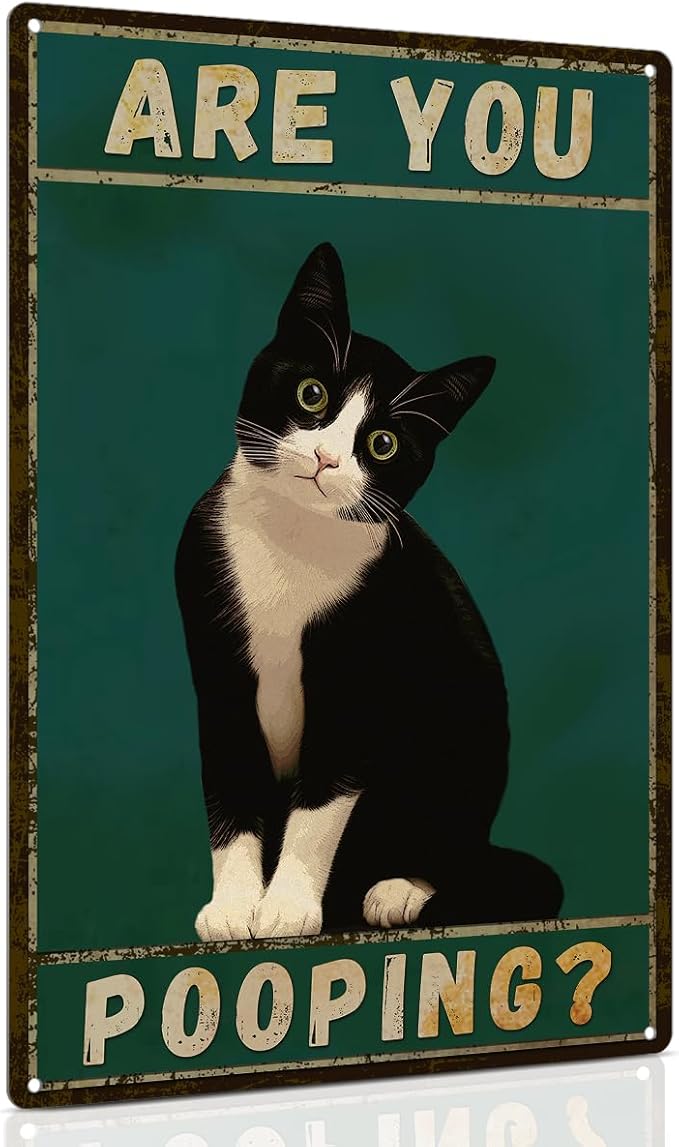 ALKB Tuxedo Cat Decor Are You Pooping Funny Metal Signs 8 x 12 Inch Black Cat Gift for Vintage Bathroom Decor