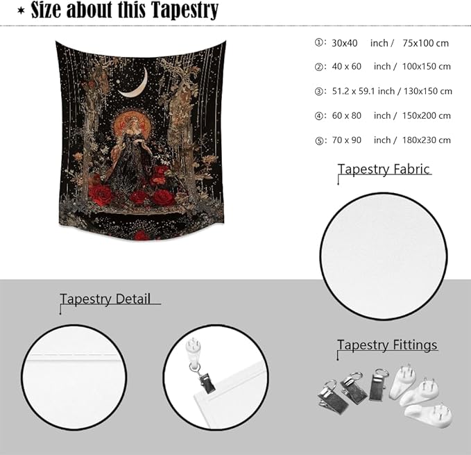 Dark Academia Moon Goddess Tapestry Gothic Fantasy Rose Wall Art Mystical Witchy Woman Print Victorian Artwork Aesthetic Tapestries Wall Hanging for Girls Room Bedroom Decor 40x60inch