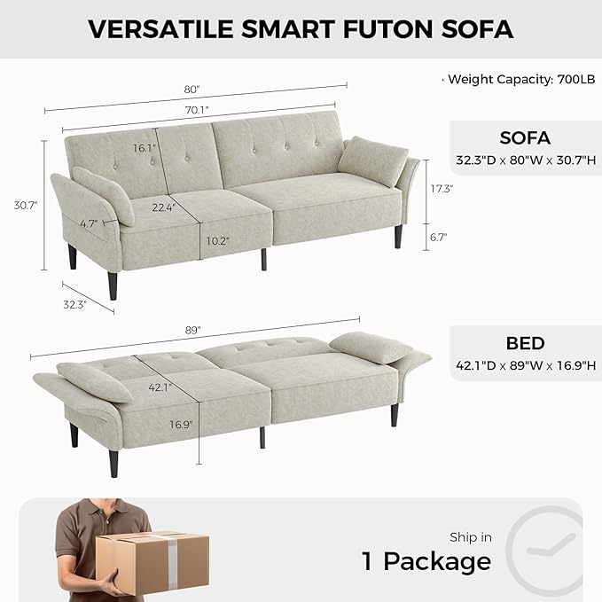89” Futon Sofa Bed, Comfy Futon Couch Bed with 2 Square Pillows, Convertible Sleeper Sofa with Adjustable Backrest& Armrests, Modern Loveseat Sleeper for Living Room, Bedroom, White