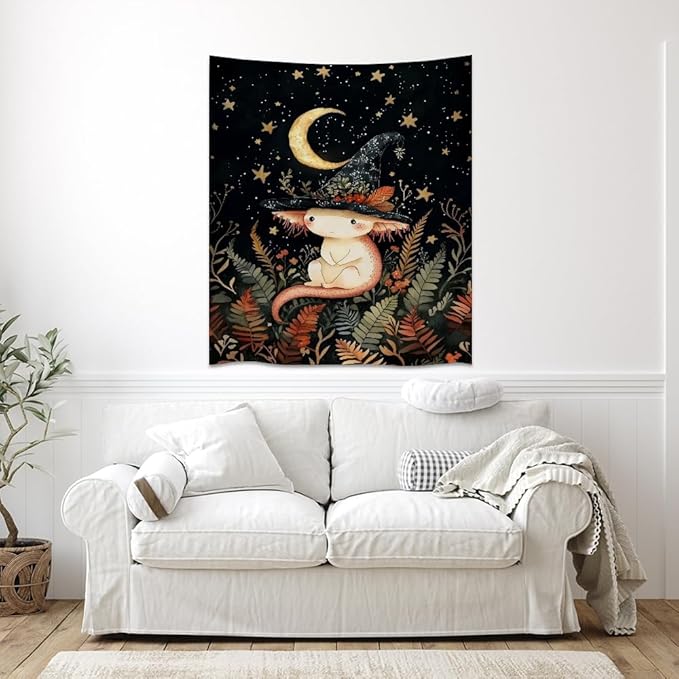 Whimsical Witch Tapestry Wall Hanging Decor Cute Axolotl Tapestry Magical Moon Animal Nursery Decoration Halloween Tapestries wall art for Home Kids Bedroom Living Room 60x80inch