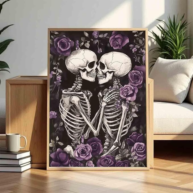 Gothic Skull Wall Art Skeleton Lover Poster Gothic Skull Wall Art Vintage Skeleton Print Horrible Posters Kissing Poster Dark Moody Paintings Dark Academia Canvas Living Room Decor 16x24inch No Frame