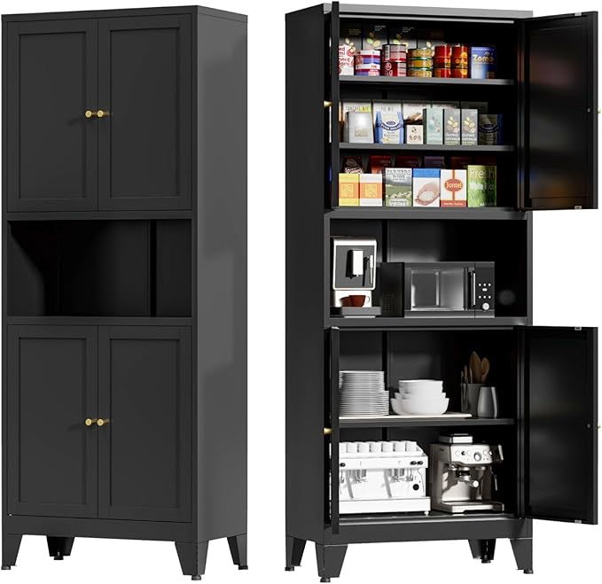 69" Tall Kitchen Pantry Cabinet, Metal Storage Cabinet with 4 Doors and Adjustbale Shelves, Freestanding Cupboards for Dining Room, Living Room, Bathroom