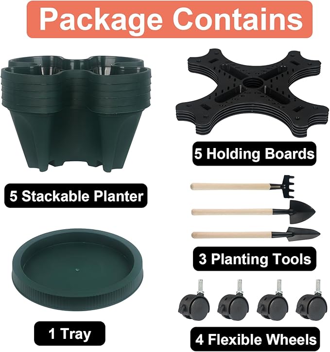 Vertical Planter 5 Tier Stackable Planters Garden Planters Strawberry Herb Flower and Vegetable Planter Indoor Outdoor Gardening Pots with Removable Wheels and Tools