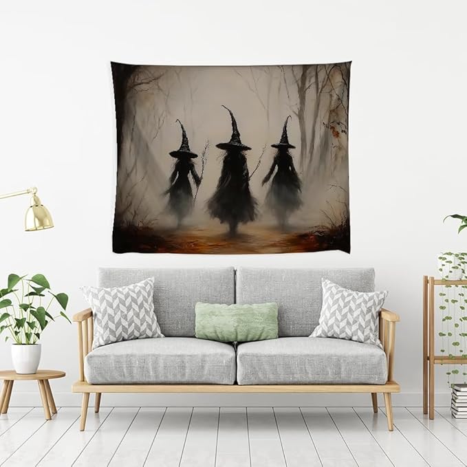 Witchy Halloween Tapestry Wall Hanging Vintage Spooky Witch Room Print Dark Academia Autumn Forest Three Witches Tapestries Decor for Halloween Living Room Bedroom Decoration 40x60inch