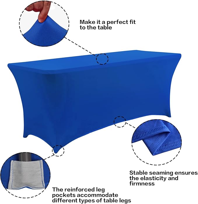 IVAPUPU 2 Pack 8FT Table Cloth for Rectangular Fitted Events Stretch Royal Blue Table Covers Washable Cover Spandex Tablecloth Protector for Party, Wedding, Cocktail, Banquet, Festival