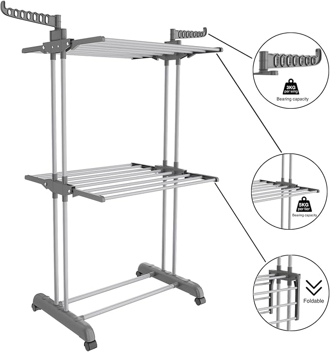 Bigzzia 3 Tier Clothes Drying Rack, 57 Inch Laundry Drying Rack, Foldable Stainless Steel Kids Clothing Rack, Movable Laundry Rack for Indoor Outdoor - Grey