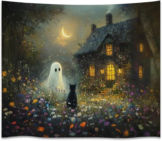 Halloween Black Cat and Ghost Tapestry Wall Hanging for Spooky Cute Bedroom Decor Dark Academia Moon Wildflower Cottage Tapestries Aesthetic for Home Living Room Decoration 30x40inch