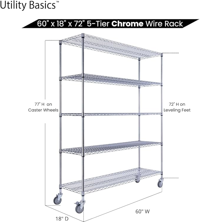 60"x18"x72" Chrome 5-Tier PREMIUM Wire Shelving NSF 4000 LBS MAX CAPACITY Heavy Duty Steel Storage Rack for Warehouses, Garages, Hospitals, Commercial Spaces, & Schools w/PREMIUM WHEELS