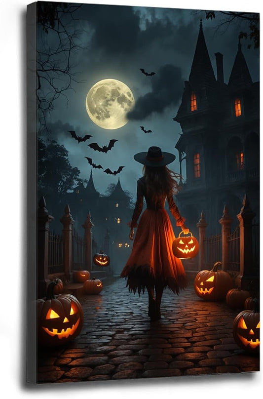Halloween theme poster moonlit autumn night witch vintage poster art print dark college style gothic painting canvas wall decoration bedroom living room ideal gift28x40in Wood Framed