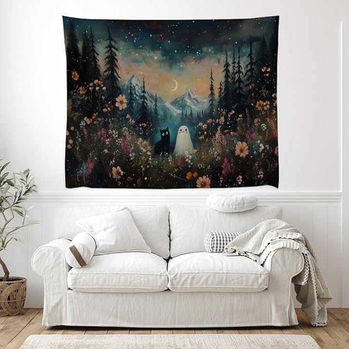 Whimsical Halloween Tapestry Wall Hanging Ghost and Black Cat in Magical Forest Wildflowers Meadow Tapestry Art Print Charming Spooky Fall Season Tapestries for Living Room Bedroom Decor 30x40inch